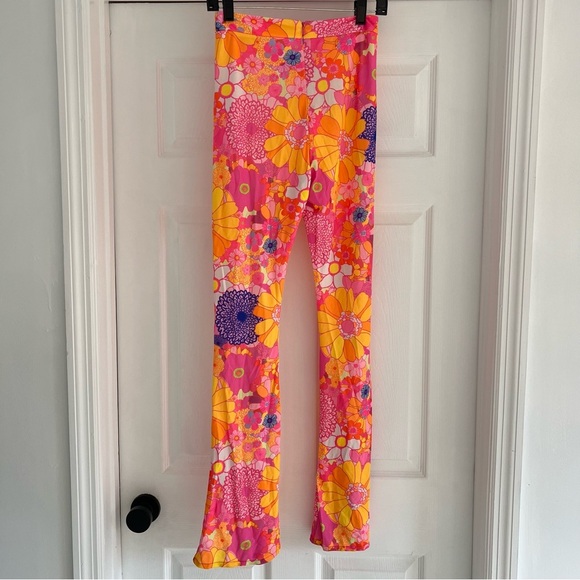 ELSIE & FRED Pink Orange Retro Hippie Disco Floral Bellbottom Flare Pants S - Picture 4 of 11